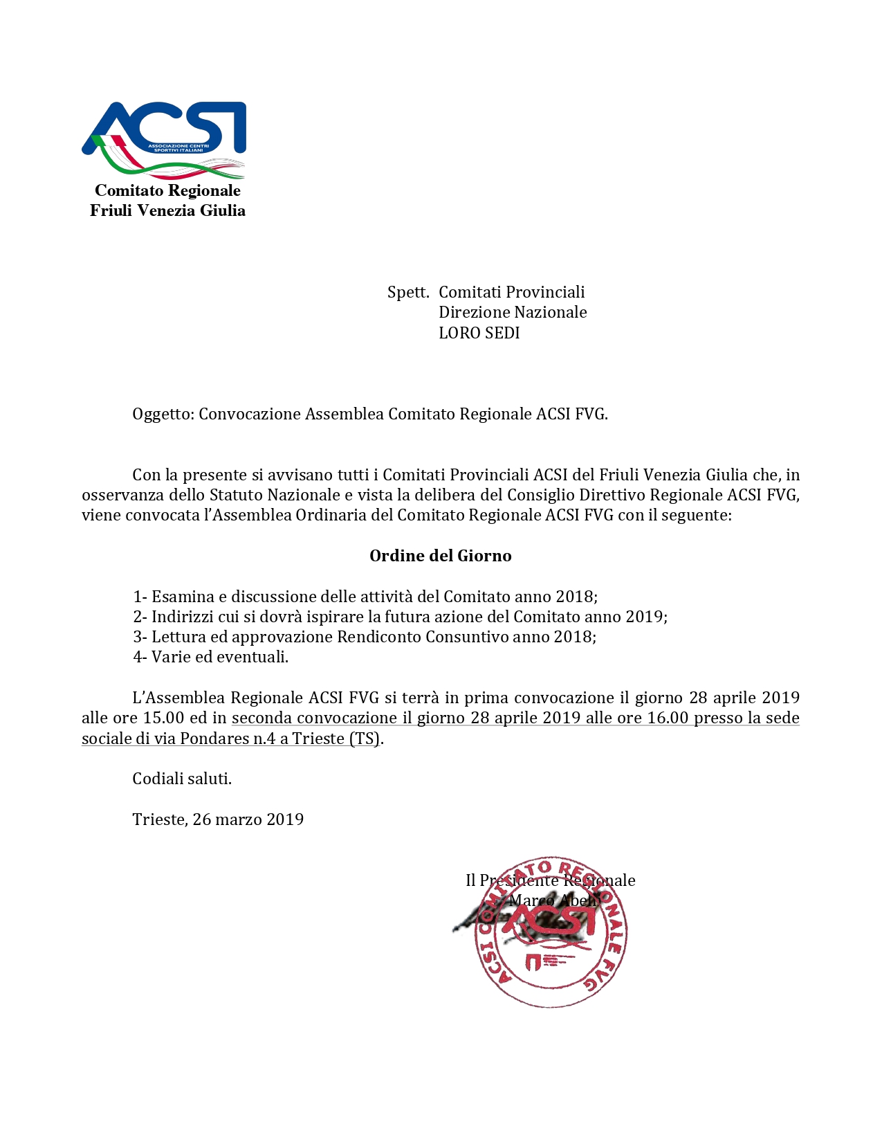 Convocazione Assemblea Ordinaria 2019 ACSI FVG page 0001